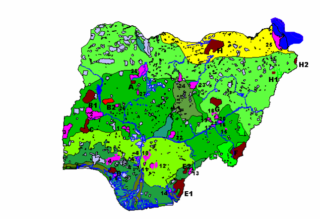 Map of Nigeria showing some Biodiversity Hotspots; NNPS